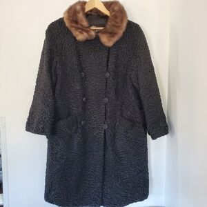 Vintage Persian Curly Lamb Fur Black Coat Brown Mink Collar 1950's Beautiful!